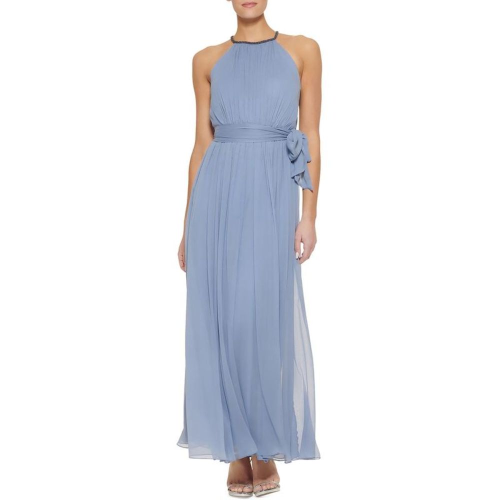 Dkny Dusty Blue Halter Neck Chiffon Gown